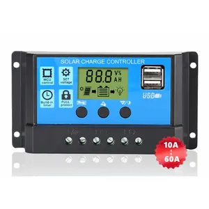 Regulador de bateria PWM Sistema de energia solar Controlador de Carga de energia Solar Auto 12V 24V 10a 20a 30a 40a 50a 60a 2 USB 1 ano