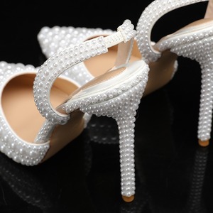 Big Size <b>Ladies</b> Full Pearl Decorated High Heels Pointed Toe Slingback <b>Pumps</b> Elegant <b>White</b> Dress Shoes Women Sexy Heeled Sandals - Product Image 6