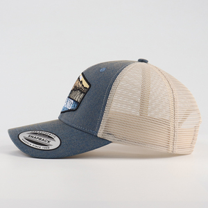 Casquette en maille autocollante de marque OEM <span class=keywords><strong>Islande</strong></span> Écusson de broderie 5 panneaux, casquette de camionneur ajustable structurée à la mode unisexe en denim personnalisée - Product Image 3