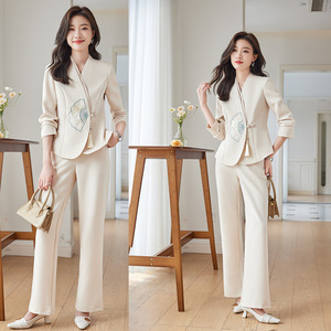 Chinese Style Women's Suit Set With Embroidered Floral Design Flared Pants Elegant Autumn Wear Full Sleeve Anti-Wrinkle - Product Image 2