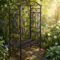 Banc de jardin en fer forgé d'extérieur avec dossier en treillis arqué et décorations sculptées, support pour plantes grimpantes - Durable, imperméable et écologique