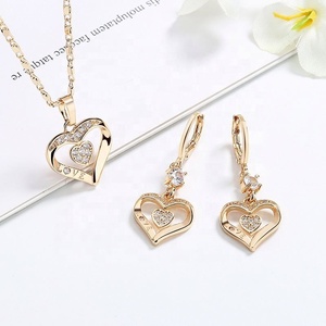 <b>Women</b> Gold‑Tone Double Heart Jewelry <b>Set</b> Crystal Pendant Necklace Dangle Drop Earrings for Wedding Anniversary <b>Gift</b> - Product Image 2