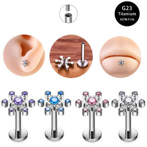 Bijoux de <span class=keywords><strong>piercing</strong></span> en titane F136, boucles d'oreilles clous en zircon et cristal, plaqué <span class=keywords><strong>or</strong></span>, labret à filetage interne pour lèvre, nez, hélix, conque - Product Image 1