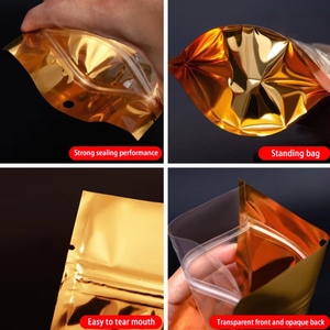 Feuchtigkeitsbeständiger, goldfarbener, transparenter Standbodenbeutel mit wiederverschließbarem Aluminiumfolien-Zipverschluss für die Aufbewahrung von Snacks und Nüssen. - Product Image 3