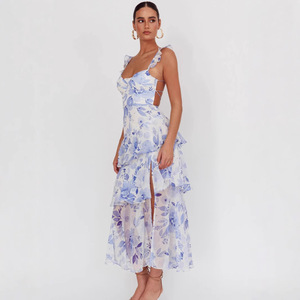 Vestido de Cóctel para Mujer, Estampado Floral, Cintura Imperio, Cuello Cuadrado, Vestido Midi Plisado de Varias Capas, Transpirable, a la Moda, para Primavera - Product Image 3