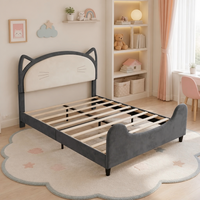 Lit plateforme rembourré en velours pour chambre d'enfant, avec oreilles de chat mignonnes, tête de lit et pied de lit à thème dessin animé, et sommier à lattes