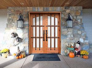 Porte d'entrée de villa <span class=keywords><strong>en</strong></span> fer forgé et <span class=keywords><strong>bois</strong></span>, avec verre, double porte principale avec motifs de grille, utilisée par Lowes - Product Image 5