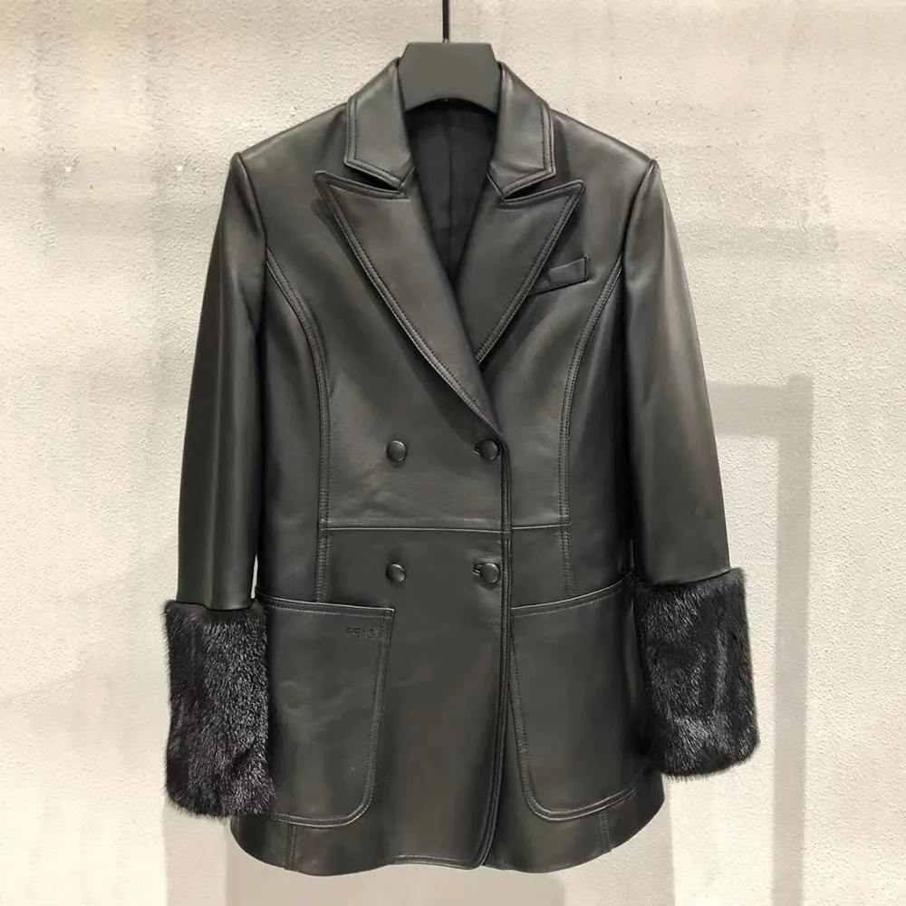 Natural Sheepskin Mink Sleeves Factory Real Leather Suit Coat Motorcycle Wholesale Biker Women Genuine Fancy Leather Jackets