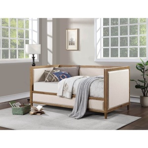 Beige Velvet Upholstered <b>Foldable</b> 1pc Day Bed Light Oak Bed Frame Nailhead Trim Bedroom Furniture <b>Mattress</b> Living Room Hotel - Product Image 2