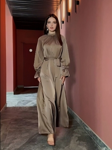 Vestido Maxi Modesto de Satén Verde Esmeralda con Cuello Alto, Manga Abullonada, Línea A, Cinturón Largo, Estilo Islámico para Ramadán, Primavera y Verano, ODM - Product Image 4