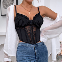 Garniture en dentelle pour femmes Spaghetti Strap Corset Bustier Top Sheer Mesh Going Superposition Cami Top Garniture à volants désossée pour la taille
