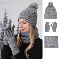 Ensemble de trois pièces confortable en laine mélangée épaisse à bord côtelé, comprenant un bonnet en tricot personnalisé avec logo, une écharpe et des gants, avec pompon, pour l'extérieur