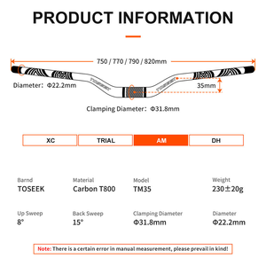Guidon de VTT TOSEEK en fibre de carbone haute résistance et léger, pour vélo AM, hauteur 25/35 mm, sécurité pour cyclocross, tige de vélo BMX/MTB - Product Image 4