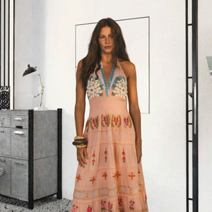 <b>Boho</b> Embroidered Maxi <b>Dress</b> Halter Neck Sleeveless Floral Print Loose Fit <b>Summer</b> Chiffon Natural Waistline Breathable <b>Dress</b> - Product Image 2