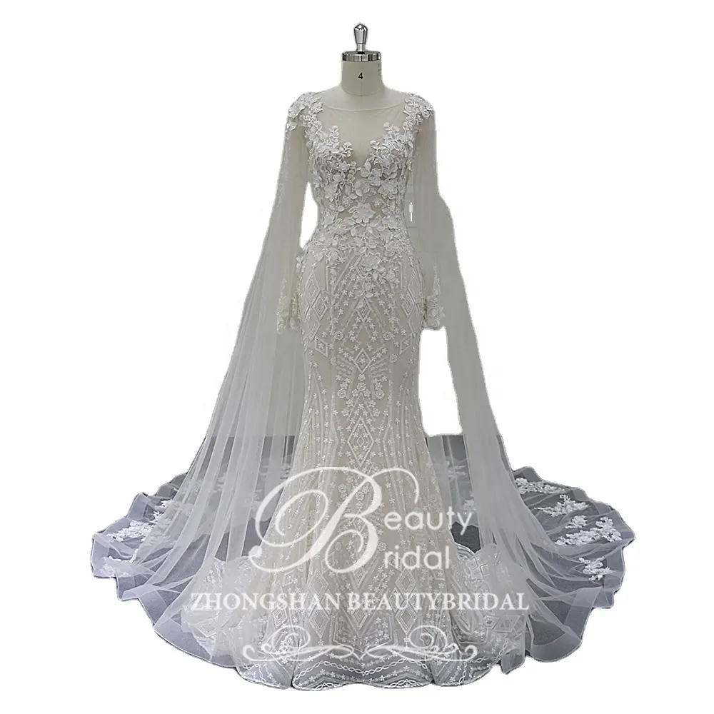 XF18012 Gaun Pernikahan Renda 3D, Gaun 2021 Putri Duyung Desain Asli Syal Plus Kualitas Tinggi