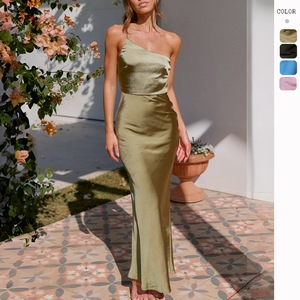 Elegante <span class=keywords><strong>Abito</strong></span> <span class=keywords><strong>Monospalla</strong></span> Senza Maniche per Donna, Vestito da Damigella <span class=keywords><strong>Verde</strong></span> Oliva per Feste Nuziali - Product Image 1