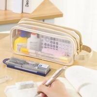 Grande trousse à crayons en maille, double couche, transparente, portable, multifonctionnelle, trousse à cosmétiques, essentiels pour étudiants et bureau