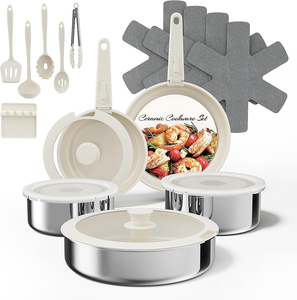 Juego de Ollas y Sartenes de Acero Inoxidable Triple de Alta Calidad con Revestimiento Cerámico, Tapas de Vidrio y Asas Desmontables - Product Image 1