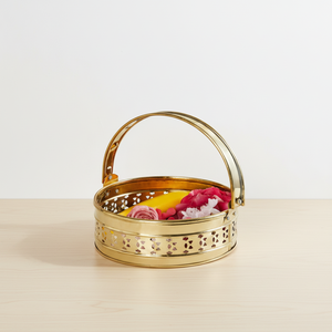 Panier à Pooja en laiton de style antique, fait à la main, panier à fleurs PUJA pour la décoration de la maison, ensemble de plats - Product Image 3