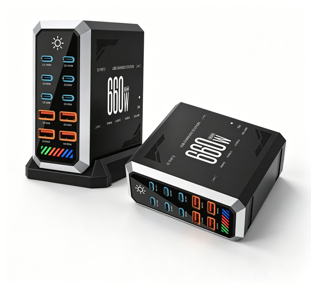 New 660W GaN Multi-port Charger Desktop Charging Station USB-C PD Fast Charge Hub Digital Display High Power Adapter