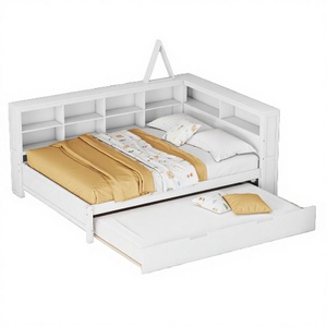 Modern Solid Wood Full Size Bed with Twin Size <strong>Trundle</strong> <strong>DayBed</strong> with Storage Shelf and USB Charging Ports White - Product Image 4
