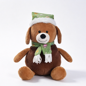 Customized Sitting Brown Puppy Stuffed Animal with Embroidered Green Hat & Fringed Scarf, Winter <b>Holiday</b> Home Decor - Product Image 4