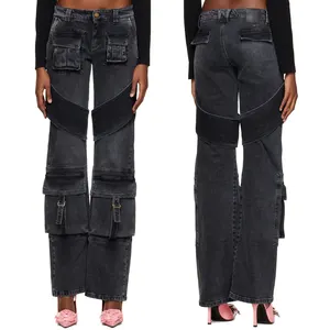 Oversized Loops Back Cargo Pockets Fading Throughout Stretch Denim Jeans For Women's