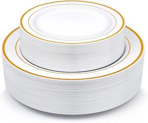Assiettes jetables <span class=keywords><strong>en</strong></span> <span class=keywords><strong>plastique</strong></span> de 7,5 à 10,25 pouces, <span class=keywords><strong>vaisselle</strong></span> de fête de qualité supérieure avec bord doré, assiettes à salade de fruits, décorations de mariage de qualité alimentaire - Product Image 2