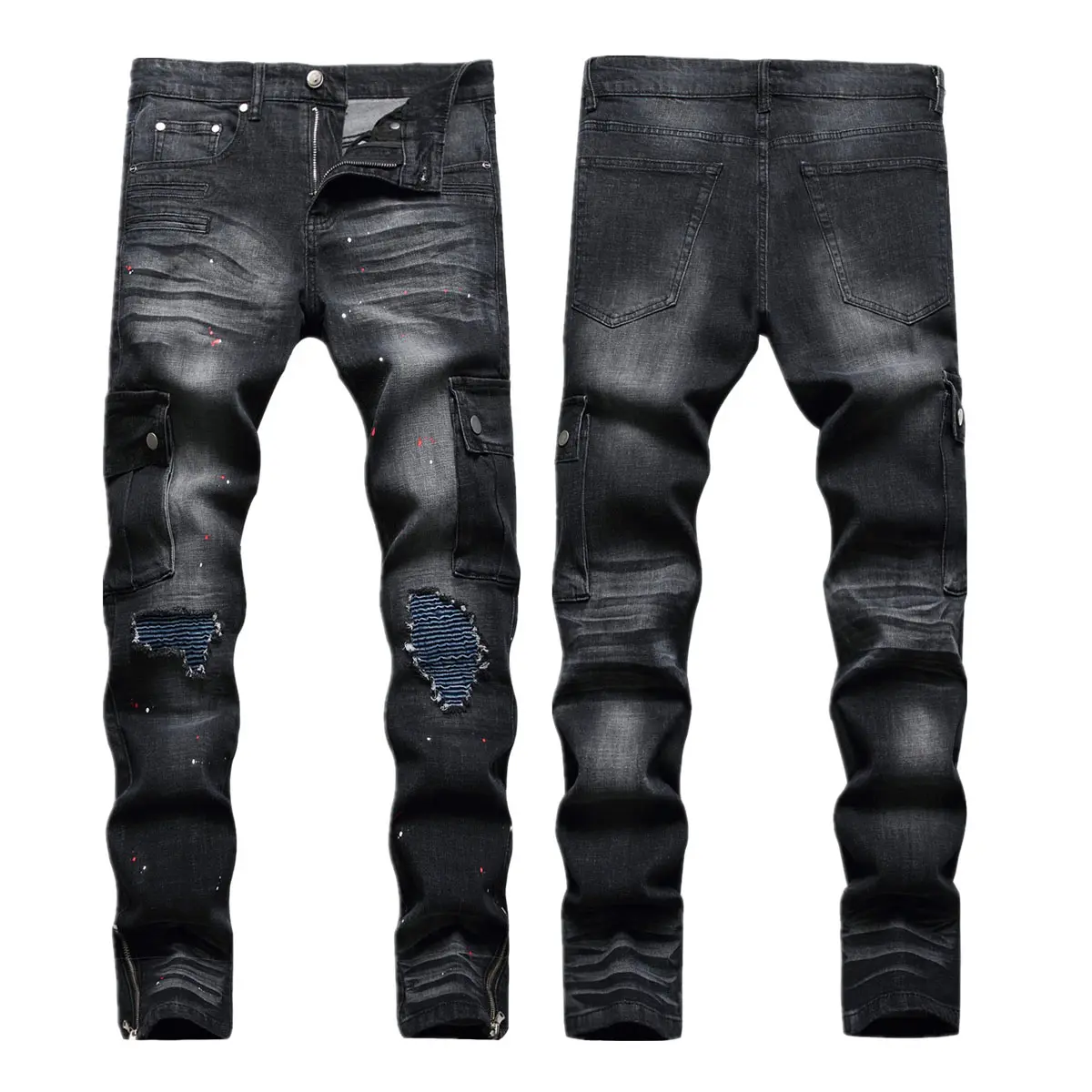 Customize Logo Men's Knee Ripped Jeans Stretch High Street Trend Lacquer Pants Slim Fit Locomotive Pleated Small Feet Trousers