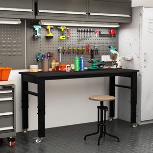 Height Adjustable Black Workbench 47.2" Heavy-Duty <b>Work</b> Bench <b>Table</b> Mobile Workbench With Lockable Casters - Product Image 2