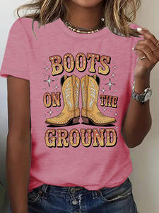 T-shirts décontractés à manches courtes pour femmes avec des imprimés de <span class=keywords><strong>bottes</strong></span> rétro de style occidental en gros pour l'été - Product Image 2