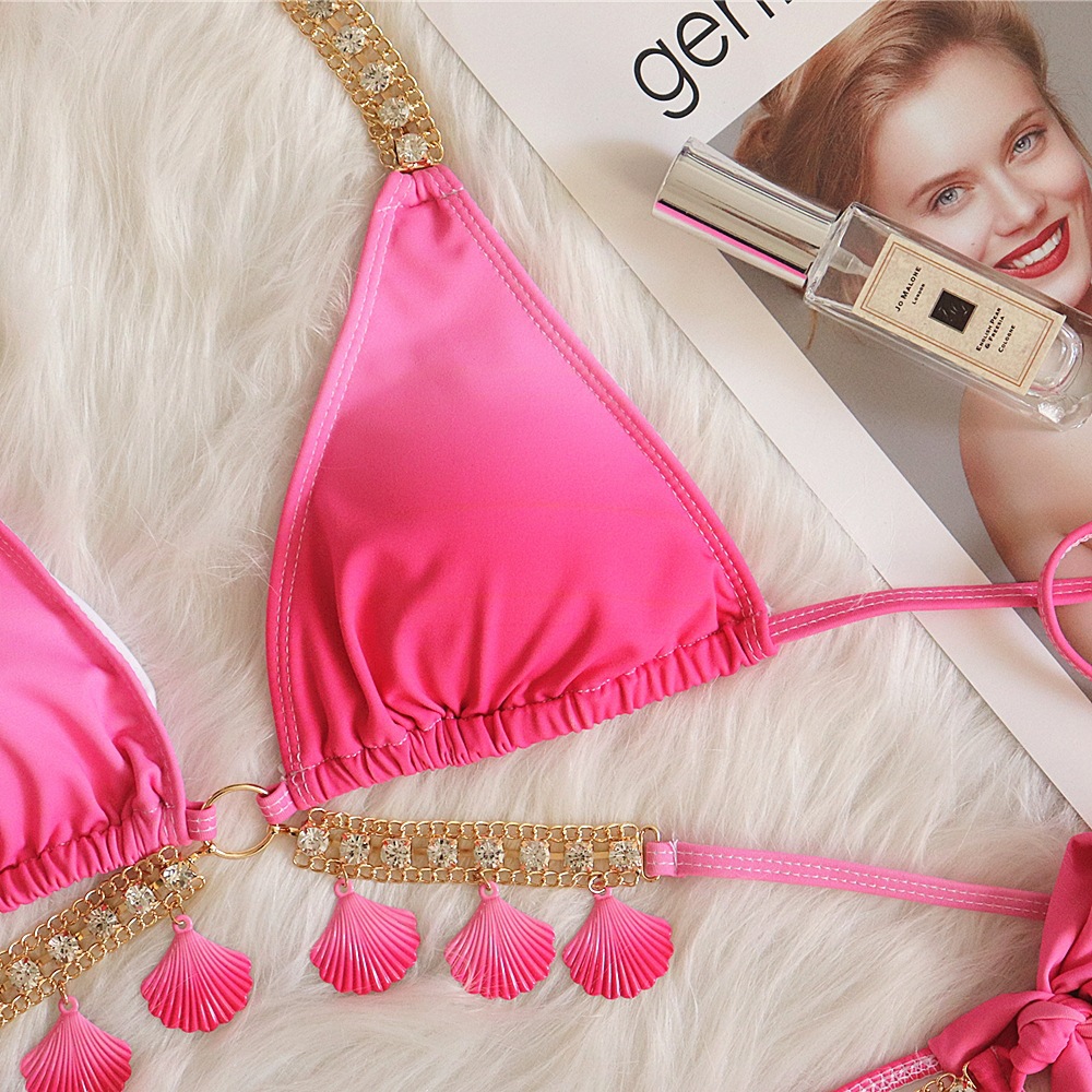DAMOCHIC 2022 Sexy Designer Bikinis Set Gradient Women's Thong Swimsuit Crystal Halter Beachwear Shell Japanese Micro Swimwear