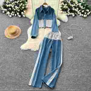 Ensemble décontracté d'automne en jean tissé pour femme, col rabattu, manches longues, taille haute, patchwork, longueur midi, tenue de jogging durable - Product Image 1
