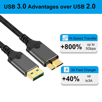 Kabel Hard Drive USB-A ke Micro B Kecepatan Tinggi 1m 2m 3m 5m 5Gbps, Kabel USB 3.0 Micro B, Kabel Hard Drive Eksternal