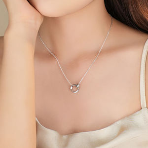 Kalung liontin trendi untuk wanita, Kalung liontin trendi lingkaran ganda Zircon Pave berkilau perak murni 999 gaya klasik - Product Image 4