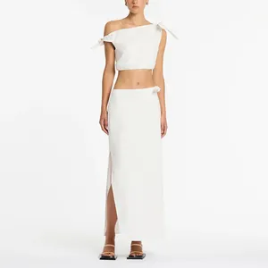 优雅亚麻2件套新款夏季低腰宽松分体马克西裙白色休闲裙女式套装