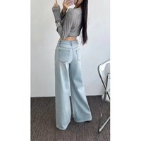 Jean évasé en denim à jambe large, orné de strass et de perles, bleu clair, pour femme, idéal pour l'été