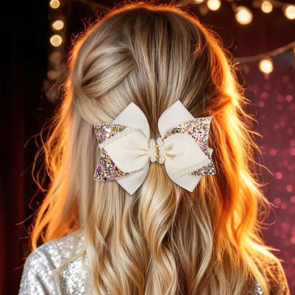 CN 2Pcs Boutique Ribbon Hair Bow Clip Sparkly Glitter Pins White Pearl Barrette Pigtails Hair Clip Girls Kids