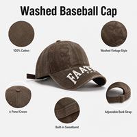 Casquette de baseball marron délavée 100% coton sergé, tendance, vintage, effet vieilli, 6 panneaux, brodée, réglable, unisexe, personnalisable