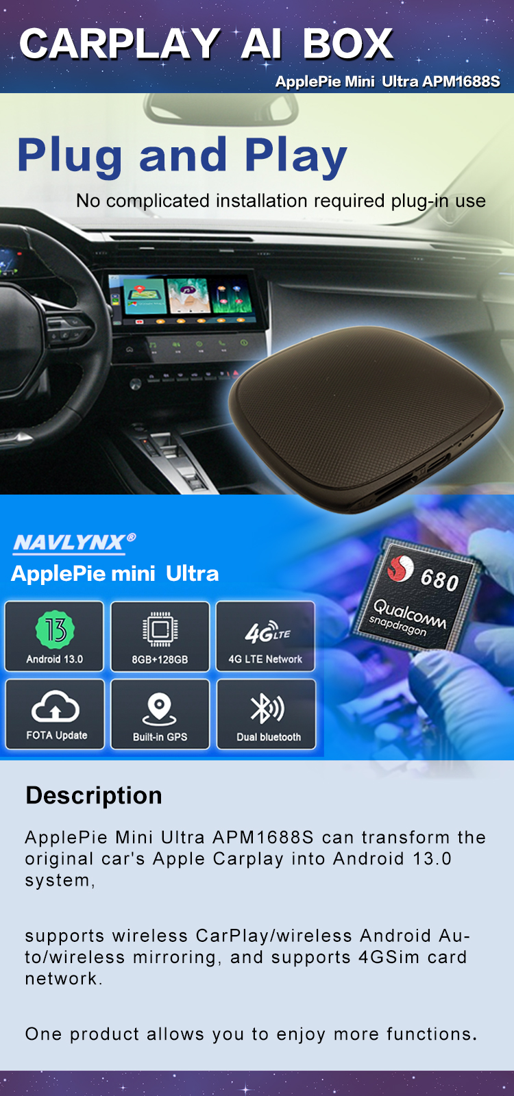 NAVLYNX ApplePie Ultra 3.0 Carplay Ai Box Plug and Play Android 13