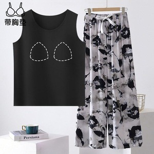 Women Sleepwear Vest And Trousers Set Cotton Silk With Chest Pads Casual Loose Fit For Middle Aged XL 2XL 3XL 4XL - Product Image 2