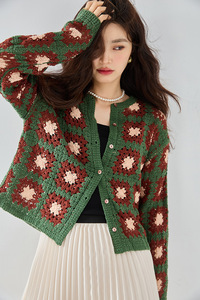 Vente en gros de chandails à manches longues assortis de couleurs Vintage paresseux en <span class=keywords><strong>maille</strong></span> patchwork tricotés au crochet <span class=keywords><strong>Cardigan</strong></span> pour femmes - Product Image 3