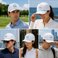Casquette de baseball perforée au laser avec patch en caoutchouc rond, casquette de golf de performance à 5 panneaux blanche personnalisée OEM du fabricant de casquettes