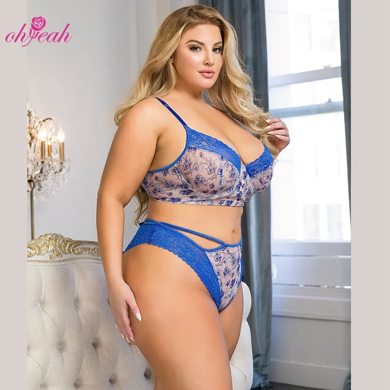 Blue Hot Selling Sexy Lingerie Underwire Bra & Brief Sets Floral Lace Hollow Out Mature Women Plus Size Bra And Panties Sets