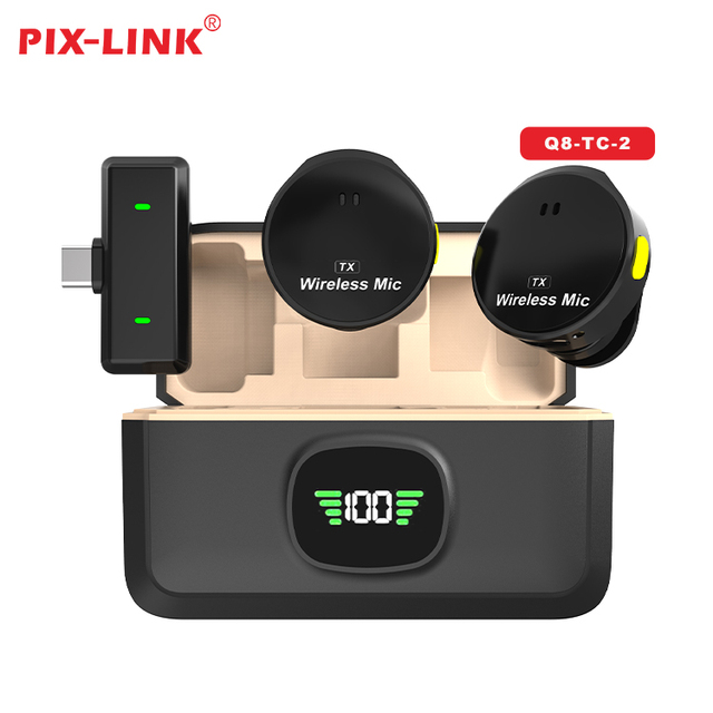 PIX-LINK Q8 Wireless Lavalier Microphone with Type C Connector LED Lights Noise Cancelling Magnetic Collar Clip & Charging Case