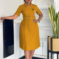 Robe plissée mi-longue élégante pour femme africaine, col en V, couleur unie, style décontracté ou habillé, idéale pour le bureau, collection Printemps-Automne
