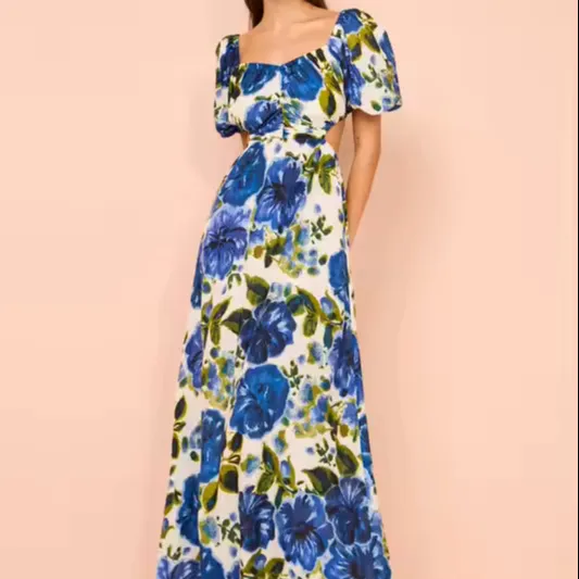 Bettergirl 2024 Vestido longo de verão e férias respirável com estampa personalizada, vestido maxi floral de linho de manga curta com cintura cortada