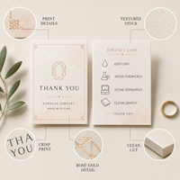 Carte d'instructions de soin pour bijoux de luxe personnalisés, en papier texturé, double face, pour emballage de marque de bijoux
