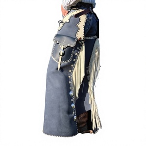 Pantalones de montar de cuero estilo western para hombre con flecos blancos, bolsillo utilitario y costuras decorativas – Pantalones de vaquero para equitación - Product Image 1