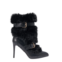 Bottines à talons aiguilles en fourrure avec logo personnalisé et détails à boucles pour femmes